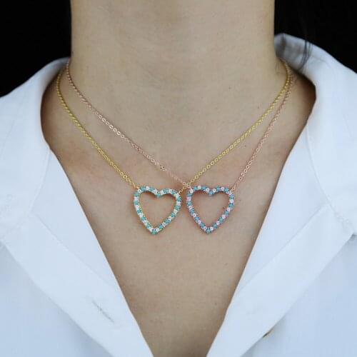 Korean Style Charm Chains Necklace Blue Turquoises Cubic Zircons Paved Heart Pendant Necklace Couple Love Jewelry For Women Gift