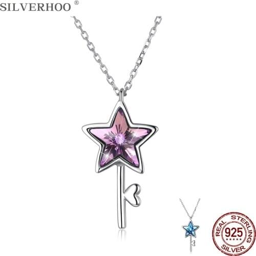 SILVERHOO 925 Sterling Silver Star Love Type Key Pendant Necklace Shinning Austria Crystal Anniversary Gift Fine Jewelry 2021