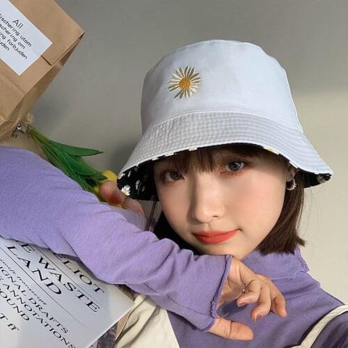 Summer Daisies Bucket Hat Women Fashion Cotton Beach Sun Hats Reversible Bob Floral Panama Hat Double-sided Wear Fisherman Hat