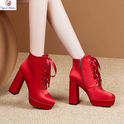 Plus Size 33-45 Winter Ankle Boots Women Platform Chunky High Heels Fashion Silk Cross Tied Zipper Woman Shoes Office Lady Botas