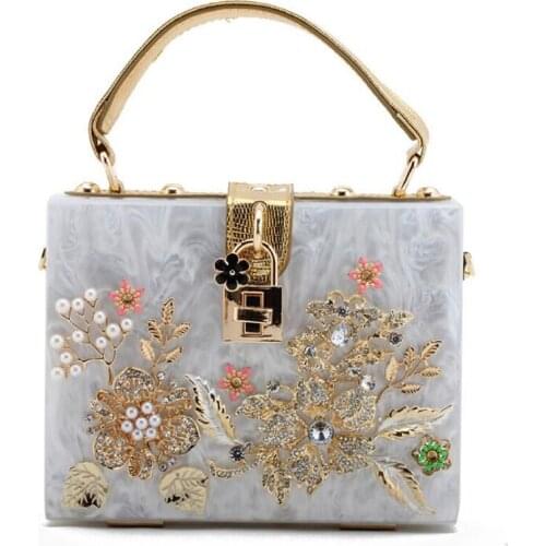 Luxury Brand Evening Bag Box Shape Handbag for Women Purses Crossbody Bag Acrylic Flower Diamond Wedding Clutch Bag Chic Bag