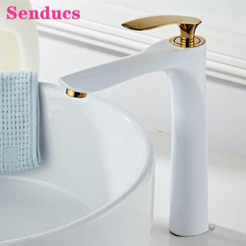 White Gold Bathroom Faucet Senducs Modern Gold Basin Sink Tap Quality Copper Brass Bathroom Tap Single Handle Basin Faucets