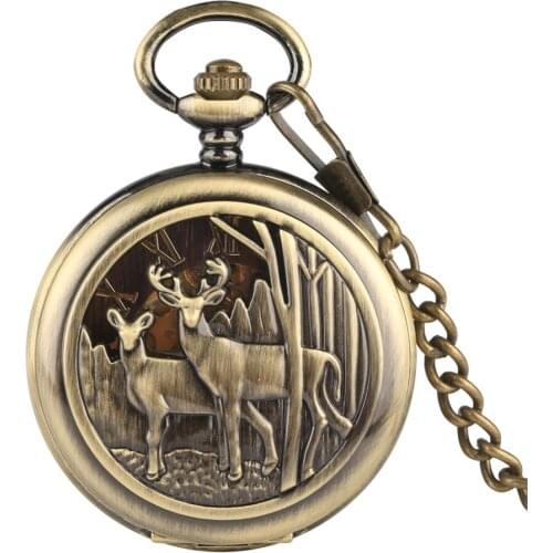 Ancient Bronze Gold Skeleton Mechanical Pocket Watches Round Dial Pocket Watch Gold Alloy Pendant Chain Mens Gifts