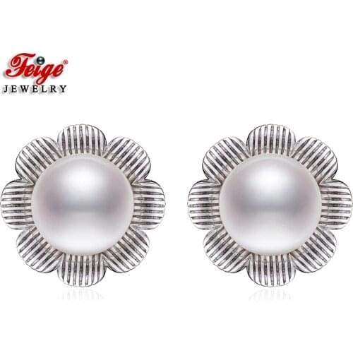 Vintage Flower Prevent allergy 4 Colors Natural Freshwater Cultured Pearl Stud Earring for Women Fashion Jewelry Wholesale FEIGE