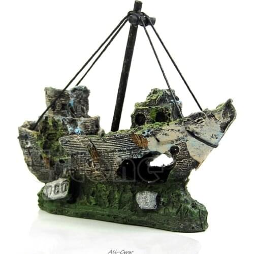 Wreck Sunk Ship Aquarium Ornament Sailing Boat Destroyer Fish Tank Cave Decor