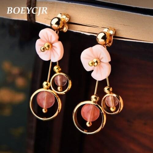 BOEYCJR Ethnic Vintage Shell Flower Pink Stone Bead Dangle Earrings Elegant Jewelry Drop Earrings For Women Party Gift