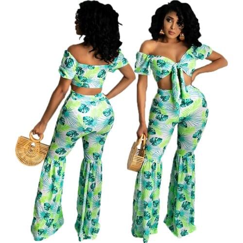 Green Fashion Slimming Women Two-piece Suit V-neck Short Sleeve Bandage Wrapped Chest Tops High Waist Sheath Flare Pants 2pc Set