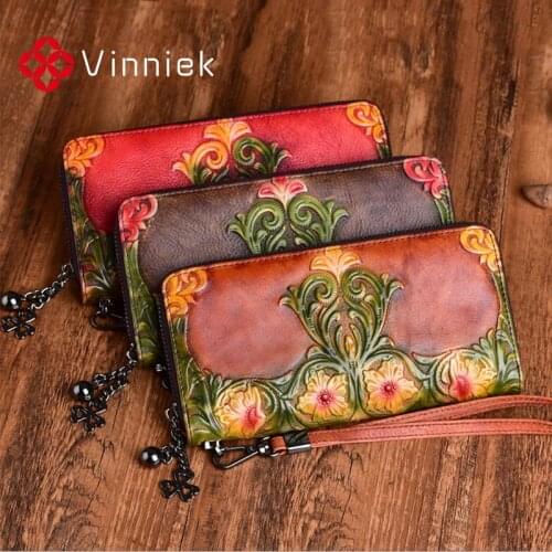 2020 New Genuine Leather Womens Wallets Vintage Embossed Purse Luxury Designer Pure Handmade Long Clutch Bag Ladies Card Holder
