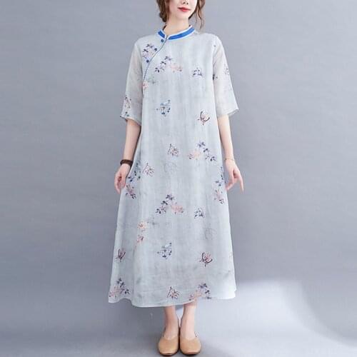 Ladies Elegant A-line Long Dress New 2021 Summer Chinese Style Vintage Print Loose Cotton Linen Women Casual Dresses B675