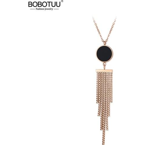 BOBOTUU Classic Black Round Shell Tassel Pendant Necklace For Women Stainless Steel Wedding Female Necklace Jewelry BN18046