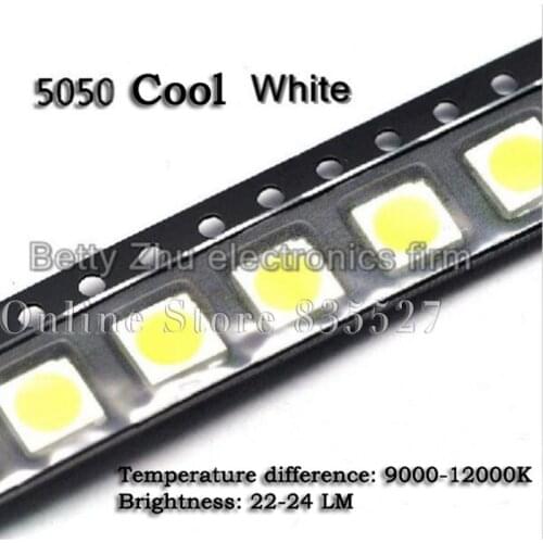 100PCS/LOT 5050 cool white 9000-12000k SMD LED bright cool white light-emitting diodes 22-24LM