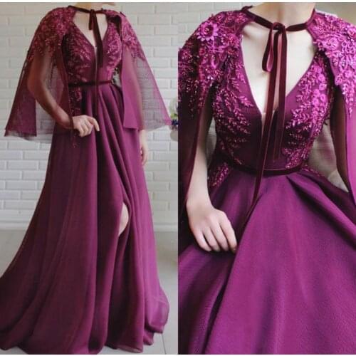 2020 Purple Evening Dresses With Wrap V Neck Split Floral Appliqued Beaded Prom Dress Custom Made Specail Occasion Party Gowns