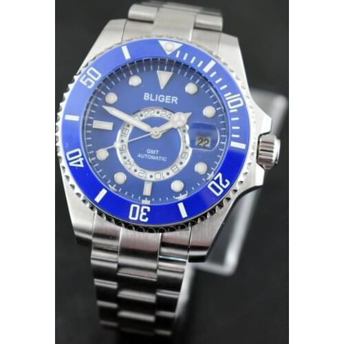 BLIGER 43mm blue Ceramic Rotate Bezel blue dial GMT function automatic mens Wrist watch E2420