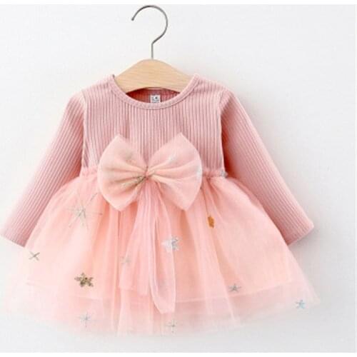 Toddler Dress Fashion Mesh Stitching Baby Girls Princess Dresses Cotton Long sleeve Bowknot Knit Children Clothes For Party