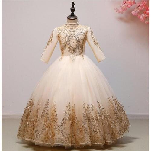 Kids Dress Sequin Gold Lace Girl Prom Princess Formal Dress Long Sleeve Flower Girls Dresses Pageant Party Wedding Ball Gown