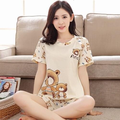Summer Womens Two Pieces Pajamas Sets Short Sleeved T-Shirt and Pants Girls Kawaii Nightwear Soft Home Suit Cartoons Sleepwear