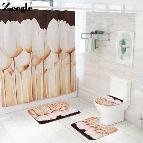 Zeegle Flower Printing Bathroom Carpet Rug Home Decor Bath Mat Waterproof Shower Curtain Set Non-slip Floor Carpet for Toilet