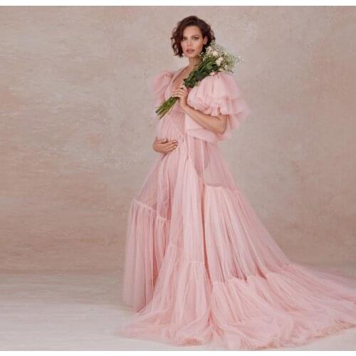 Pretty Pink Long Tulle Bridesmaid Maternity Robe Sexy See Thru Bridal Dresses Night Gowns Couture Maternity Dress 2021 Women