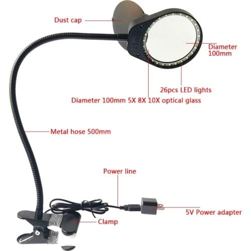 5X 8X 10X Loupe Desktop Magnifying Glass Gripping Magnifier Portable Clamp Type Table Magnifying With 26 LED Lamp For PCB Repair
