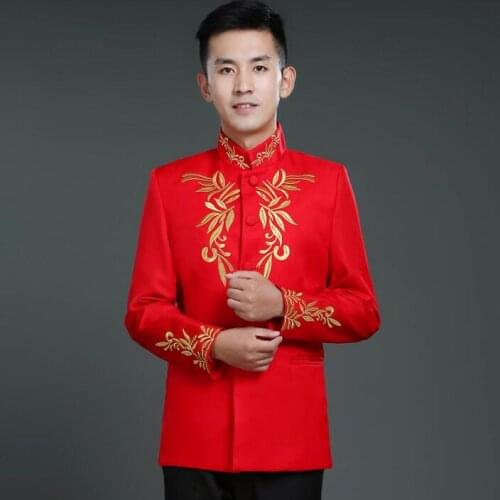 2020 new arrival slim men red suit set with pants mens suits wedding groom chinese tunic suit mens formal dress suit + pant