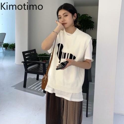 Kimotimo Autumn Jacquard Knitted Vest Women O-neck Sleeveless Sweater Vests 2021 Korean Chic All-match Outwear Casual Clothing