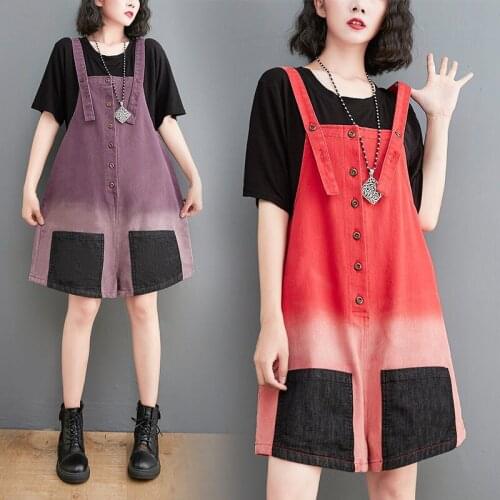 Straight Summer New Candy Color Loose Denim Strap Shorts Womens Buttoned Playsuit Jeans Fashion Vintage Spliced Bib Pants M78