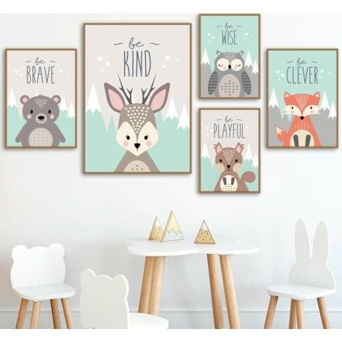 Owl Rabbit Bear Fox Deer Nursery Wall Art Canvas Painting Cartoon Posters And Prints Wall Pictures Girl Boy Baby Kids Room Decor