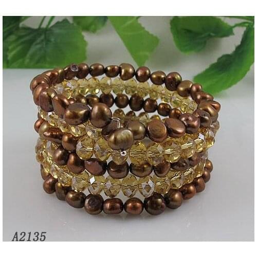 Unique Pearls jewellery Store,5Rows Gold Crystal Beads Natural Brown Freshwater Pearl Bracelet,Fashion Woman Party Jewellery