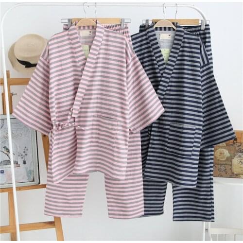 Couples Japanese kimono striped cotton double gauze pajamas sets men sleepwear women home clothing long sleep bottoms