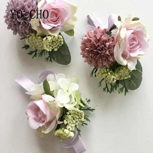 YO CHO Wedding Wrist Corsages Bracelet Bridesmaids Flowers Corsage Bracelet Boutonniere Pin Marriage Wedding Cuff Corsage Flower