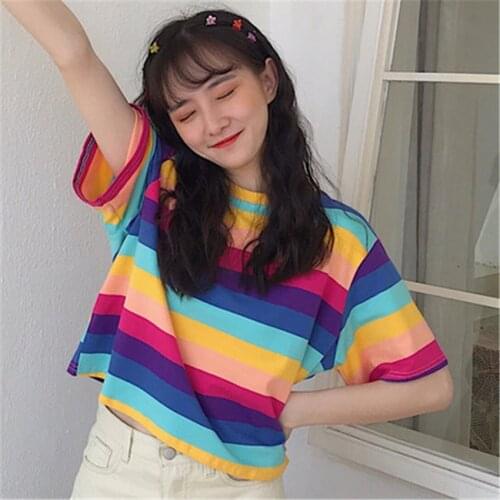 Womens T-shirts y2k casual harajuku kawaii loose rainbow striped short-sleeved women t-shirt tops female cloth Harajuku clothes