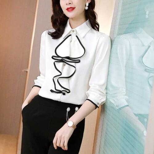2021 Early Spring Women Chiffon Shirt Basic White Top Elegant Fashion Ruffles Office Work Wear Blouse Blusas Women Clothes