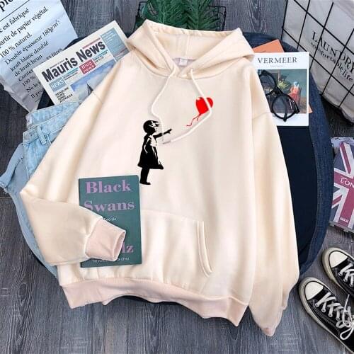 Heart-Shaped Balloon That Can't Be Caught Print Women Hoodie Female Plus Size Round Neck Casual Top Thirteen Color Loose Hoodies