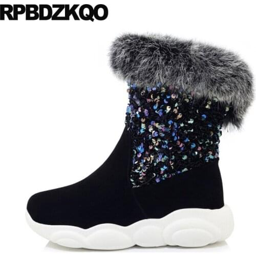 Plus Size Muffin Embellished 12 44 13 45 Black Sequin Suede Cheap Glitter Shoes Big Waterproof Winter Boots Women Ankle Flatform