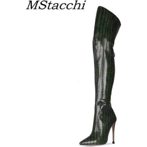 Mstacchi Retro Plaid Stripes Fine Heel Women Boots Over The Knee Back Zipper 2020 Fashion Pointed Ladies Shoes Botas De Mujer