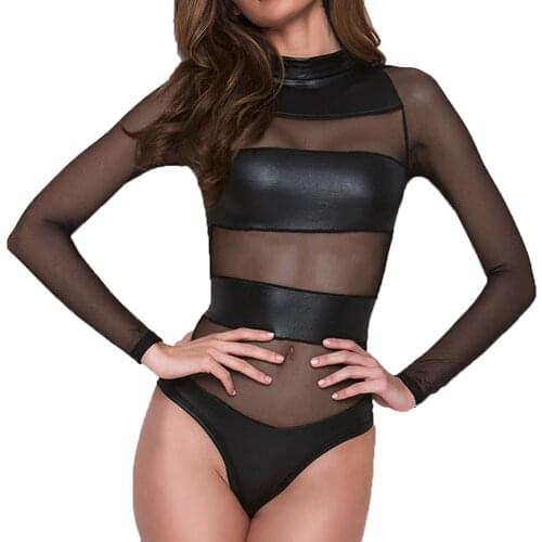 2020 Women Summer Bodysuit Mesh Leather Patchwork Sexy Black Body Suits See Through Night Club Party Streetwear Body One Piece