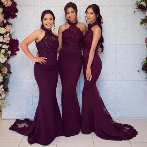 Modest Mermaid Bridesmaid Dresses Halter Neck Appliques Beadings Floor Length With Chapel Train Purple Maids Wedding Dresses