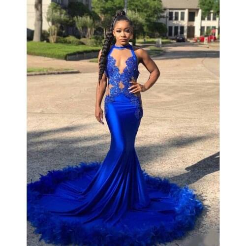 Sexy Royal Blue Mermaid Prom Dresses For Black Girl Lace Appliques With Feather Court Train Deep V Neck Evening Dress Formal Dre