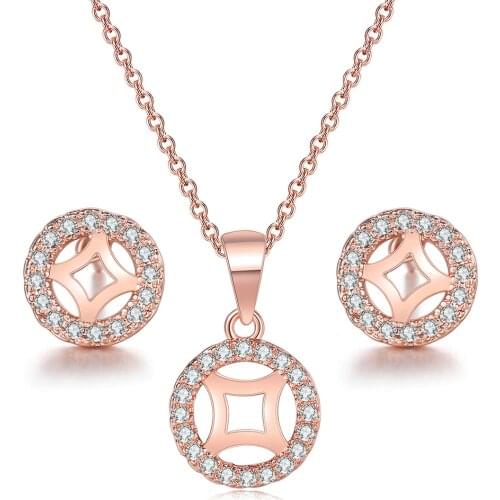 ZHOUYANG Jewelry Sets For Women Simple Geometry Hollow Out Zircon Rose Gold Color Earrings Necklace Gift Fashion Jewelry S439