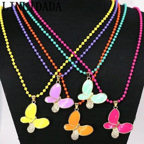 5Pcs 2021 Beautiful cz micro pave butterfly shaped necklace colorful enamel beads chain jewelry for gift