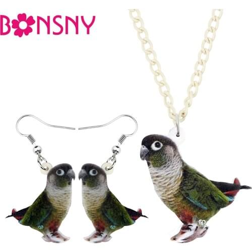 Bonsny Acrylic Jewelry Sets Cute Green-cheek Parrot Bird Necklace Earrings Anime Pendant Teen Girl Charm Party Gift Accessory