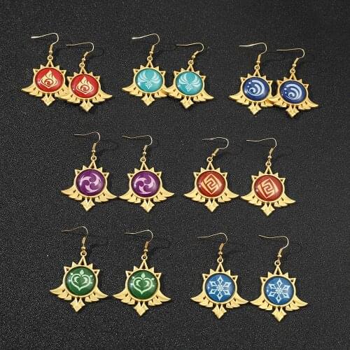Anime Genshin Impact Pendant Earrings Seven Elements Waterweed Thunder Rock Fire Wind Ice Ladies Men’s Jewelry Accessories