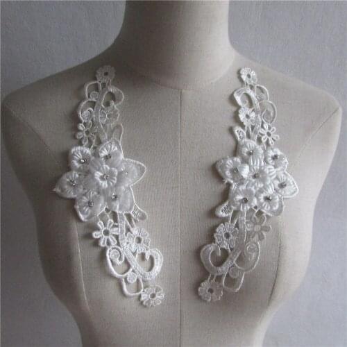 White lace decoration applique rhinestone pearl embroidery dress clothing DIY sewing craft supplies materials 1 pair for sale