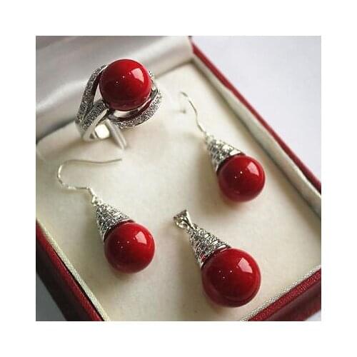 Nobility Lucky womens natural Set AAA 12mm Red Shell Pearl Pendant Necklace Earrings Ring Set AA hook