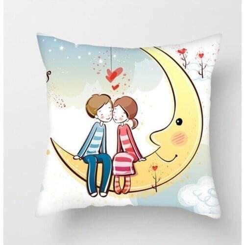 Decorative Special Design Pillow With Two Lovers On The Moon Pattern 27x27 cm