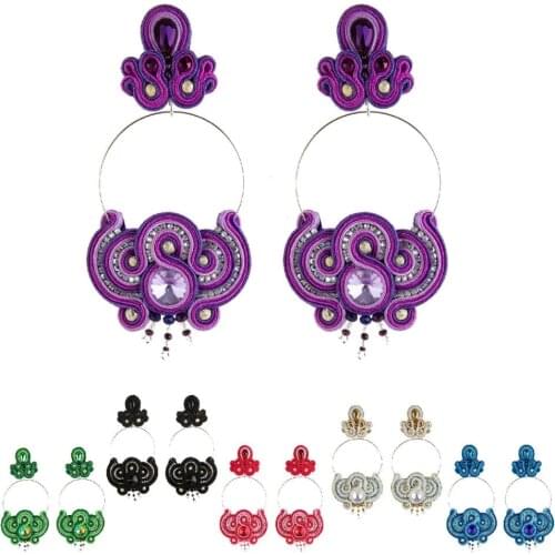 Ethnic Boho Soutache jewelry Large Dangle earrings Circle Trendy womens earring Fashion Handmade weaving Accessories purple red
