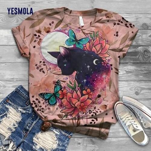 YESMOLA Summer Womens Tshirt Cute Cats Print Cartoon Top Kawaii Harajuku Aesthetic Graphic Tee Oversize Female Clothes