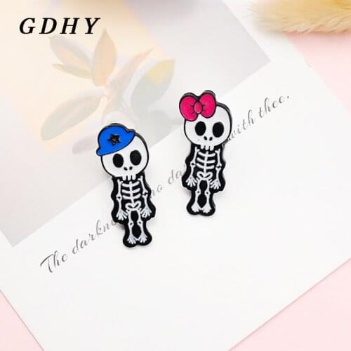 GDHY Skeleton Boys and Girls Brooch Bow Blue hat Skull Enamel Pin Lapel Backpack Badge Punk Jewelry Gift for Friends Wholesale