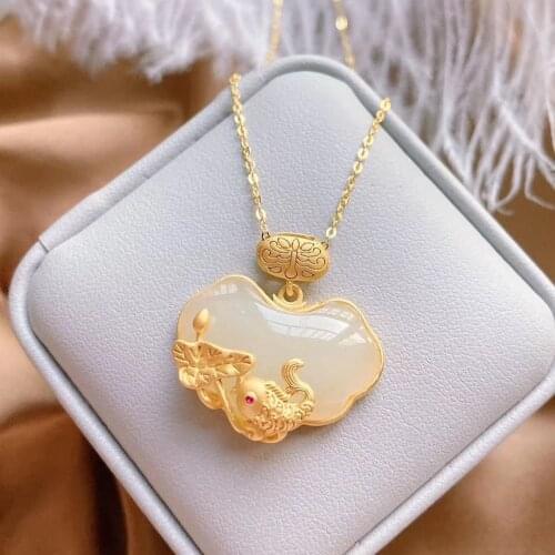 Natural Hetian Jade Carp Lotus Jade Pendant Female Jade Accessories Sweater Year Fish Hetian Jade Silver Necklace Female