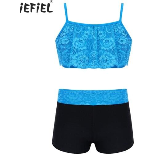 2PCS Kids Girls Tankini Dance Outfit Spaghetti Straps Floral Lace Crop Top with Bottoms for Gymnastics Workout Ballet Dancewear